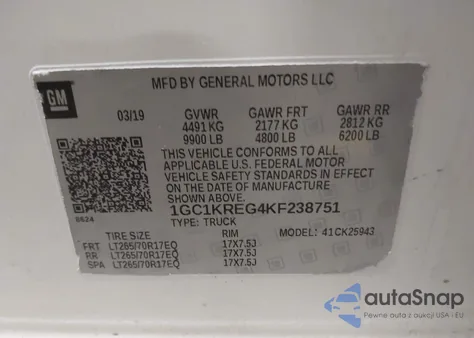 2019 Chevrolet Silverado 2500Hd Wt from USA, damaged, VIN 1GC1KREG4KF238751